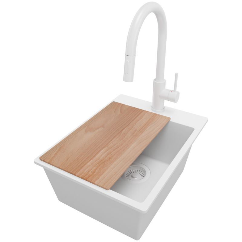 Zlewozmywak Granitowy Ryga PRIMAGRAN Nablatowy 38x50cm do szafki od 40cm z Syfonem i Baterią i Dodatkiem Cały Biały 1 szt.