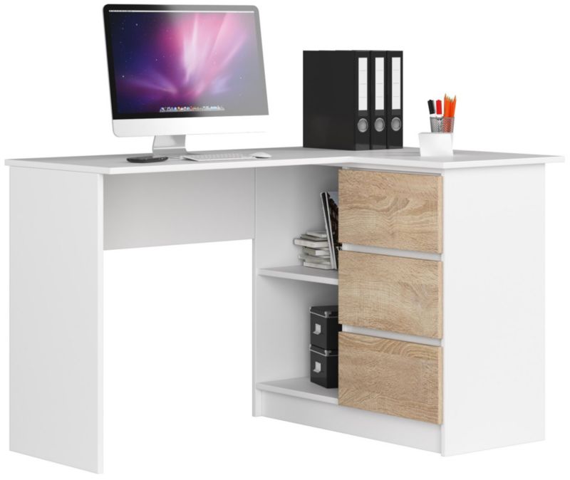 Biurko narożne Akord B16 Białe 124 cm prawe 3 szuflady kolor Dąb Sonoma mat 2 półki 124x85x77 cm 1 szt.