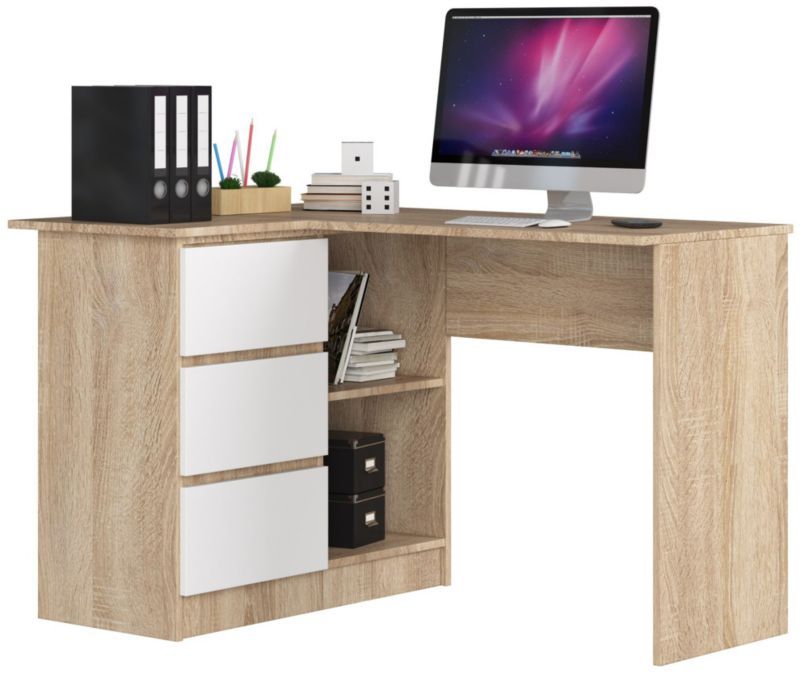 Biurko narożne Akord B16 Dąb Sonoma 124 cm lewe 3 szuflady kolor Biały mat 2 półki 124x85x77 cm 1 szt.