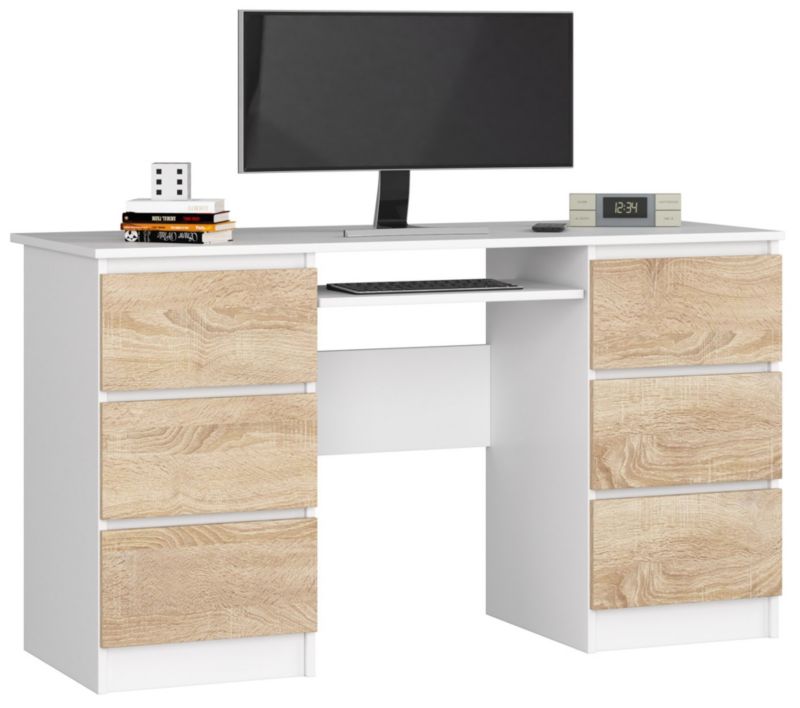 Biurko komputerowe Akord A11 Białe 135 cm 6 szuflad kolor Dąb Sonoma mat 135x50x77 cm 1 szt.