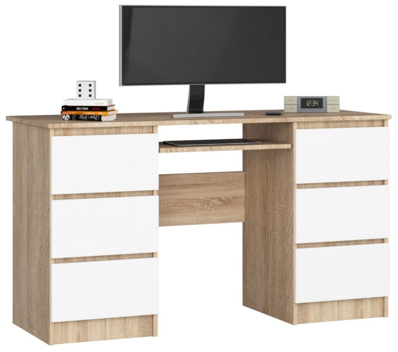 Biurko komputerowe Akord A11 Dąb Sonoma 135 cm 6 szuflad kolor Biały mat 135x50x77 cm 1 szt.