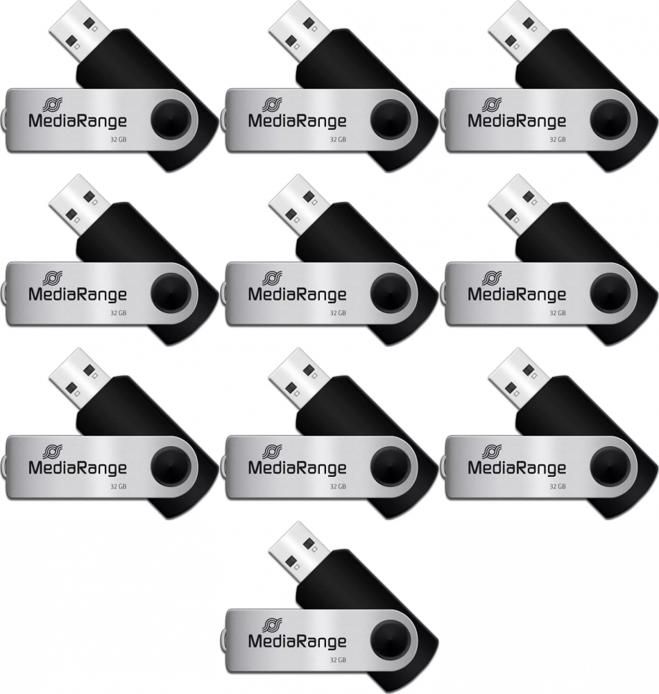 10x Pendrive MediaRange, 32GB, obracany, USB 2.0, srebrno-czarny