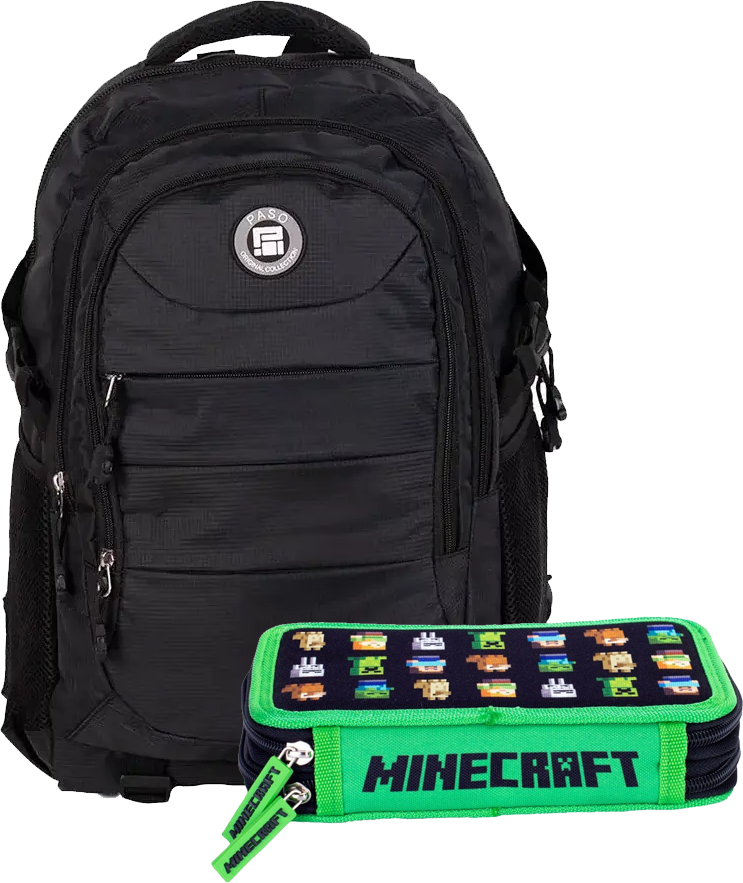 Zestaw: Plecak młodzieżowy Paso Active 50x33x22, czarny + Piórnik 2-komorowy Astra Minecraft, bez wyposażenia, 20x13.5x4cm, czarno-zielony