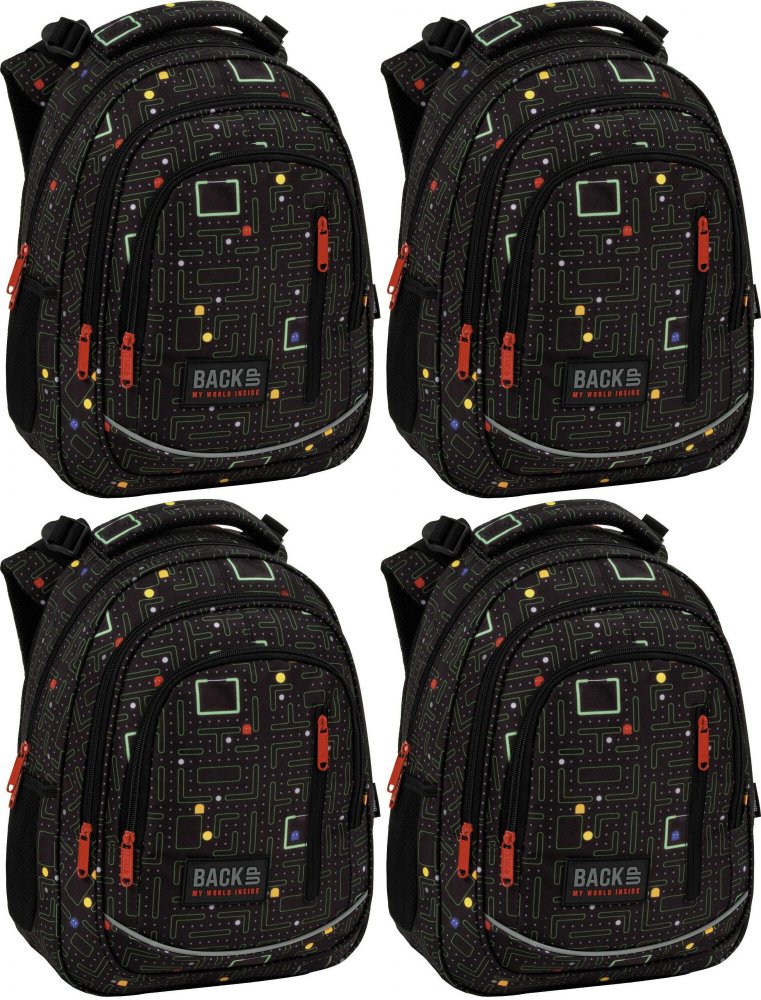4x Plecak szkolny BackUP 5 model R 102 , trzykomorowy, 24l, 39x27x20cm, czarny