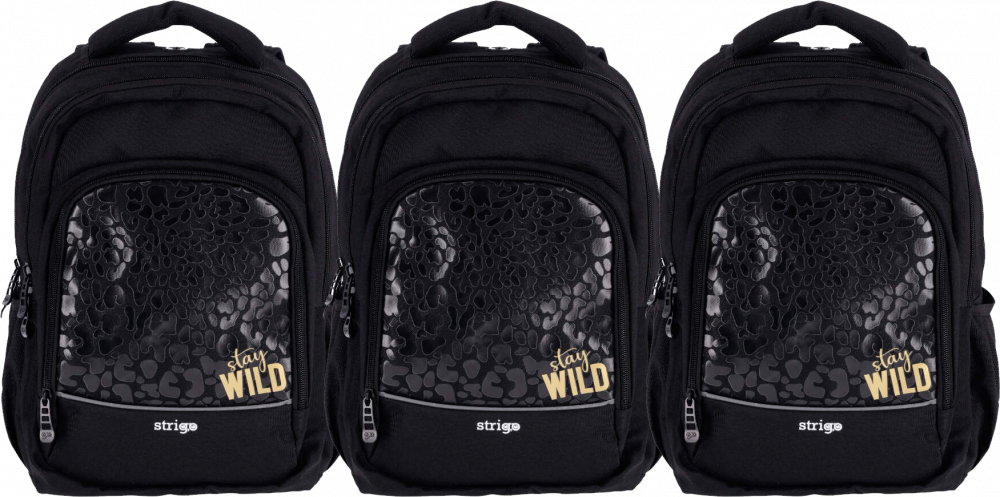 3x Plecak szkolny Strigo Misty Wild, dwukomorowy, 24l, 39x27x18cm, czarny