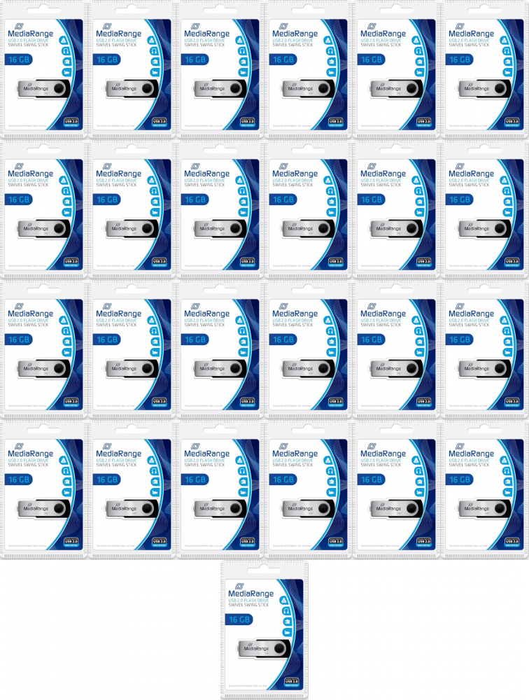 25x Pendrive MediaRange, 16GB, obracany, USB 2.0, srebrno-czarny
