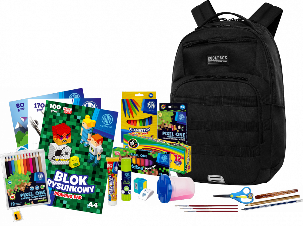 Zestaw: Plecak szkolny CoolPack Army Black, 27l, czarny + Wyprawka szkolna Astra 21 elementów