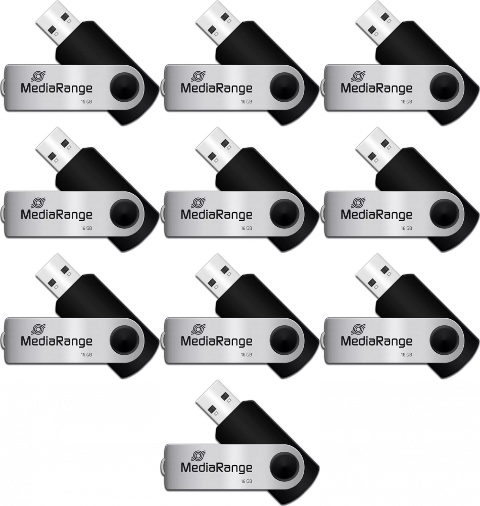 10x Pendrive MediaRange, 16GB, obracany, USB 2.0, srebrno-czarny