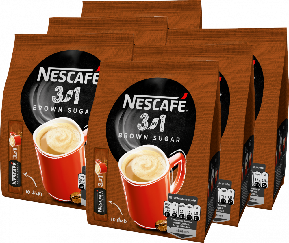 6x Kawa rozpuszczalna w saszetkach Nescafé 3w1 Brown Sugar, z brązowym cukrem, 10 sztuk x 16.5g