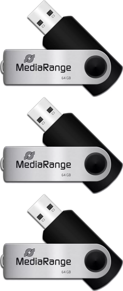 3x Pendrive MediaRange, 64GB, obracany, USB 2.0, srebrno-czarny