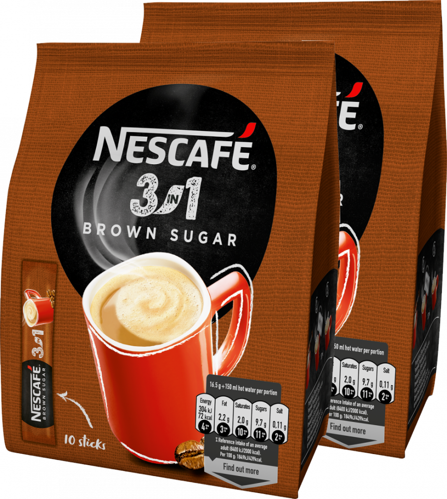 2x Kawa rozpuszczalna w saszetkach Nescafé 3w1 Brown Sugar, z brązowym cukrem, 10 sztuk x 16.5g