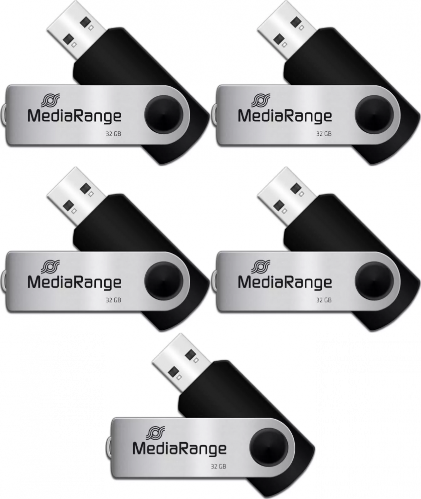 5x Pendrive MediaRange, 32GB, obracany, USB 2.0, srebrno-czarny