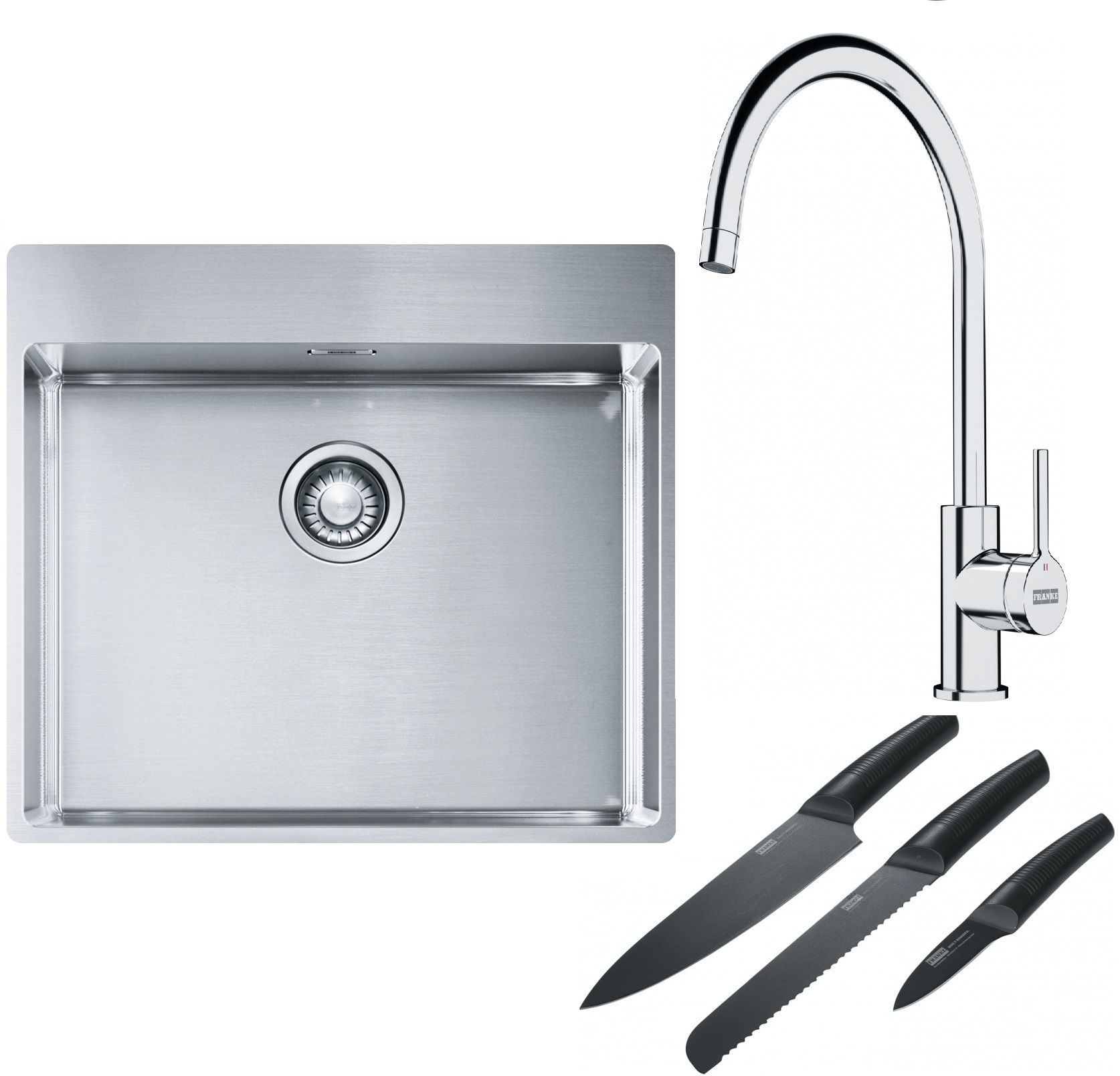 Franke Box BXX 210-54 TL zlewozmywak 57x51 cm stalowy z baterią kuchenną Lina chrom i zestawem noży kuchennych (1270369295, 1150693228, ...
