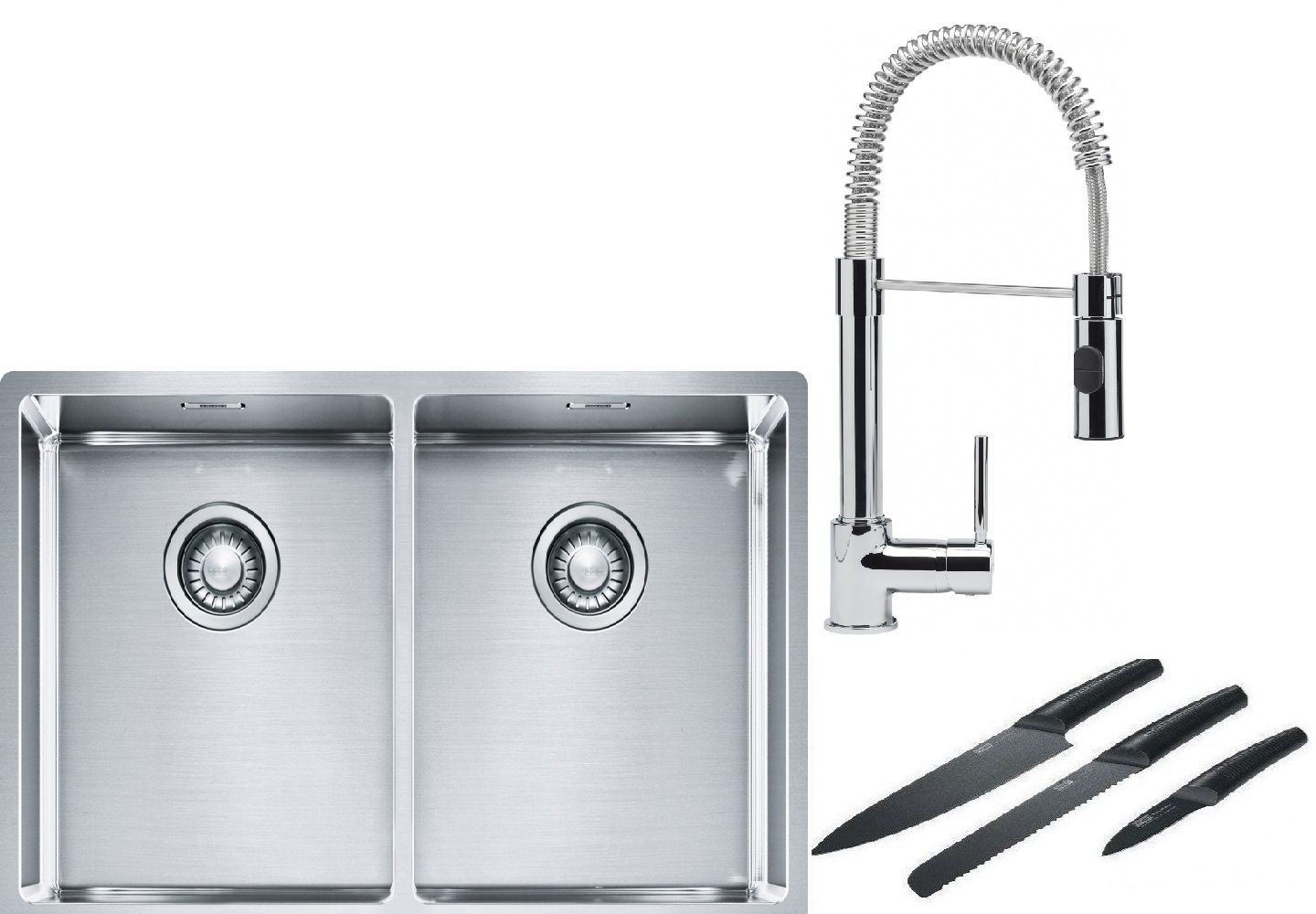 Franke Box BXX 220/120 34-34 zlewozmywak 74x45 cm stalowy z baterią kuchenną Coxy chrom i zestawem noży kuchennych (1270370188, ...