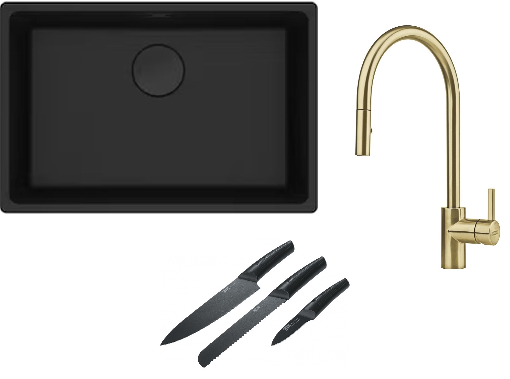 Franke Maris MRG 110-62 zlewozmywak 62x40 cm Fragranite czarny mat z baterią kuchenną Eos Neo M Pull-Out Spray złotą i zestawem noży ...