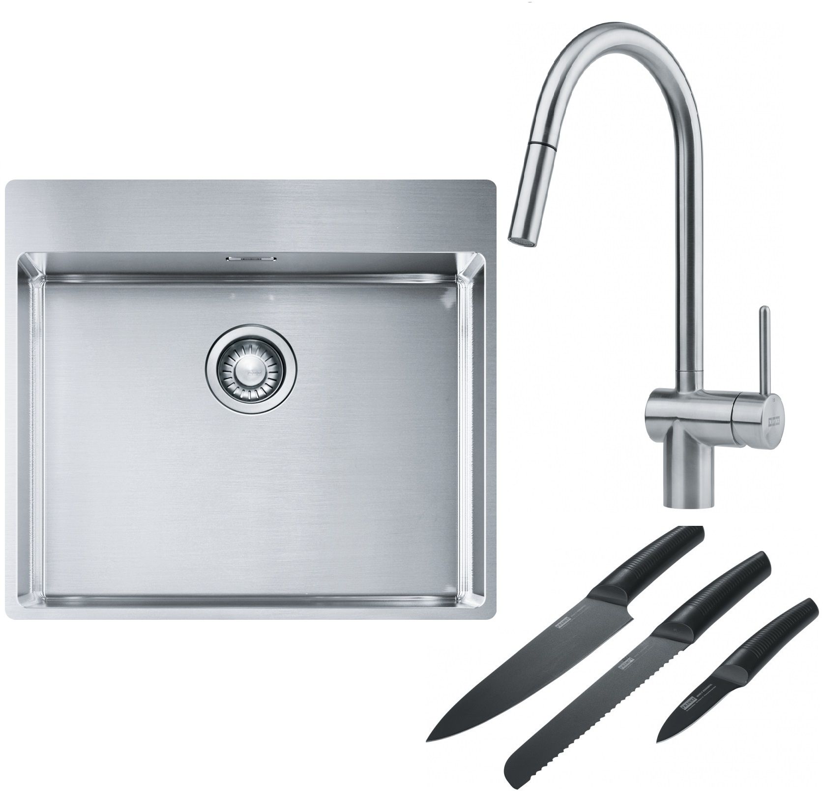 Franke Box BXX 210-54 TL zlewozmywak 57x51 cm stalowy z baterią kuchenną Leda Neo stal szlachetna i zestawem noży kuchennych ... - Wysyłka w 24h