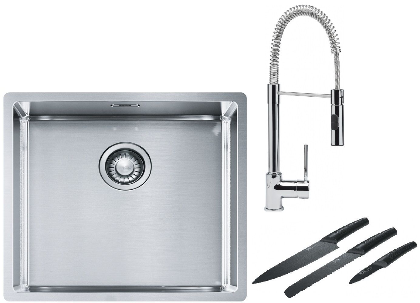 Franke Box BXX 210/110-45 zlewozmywak 49x45 cm stalowy z baterią kuchenną Coxy chrom i zestawem noży kuchennych (1270453655, 1150159732, ...