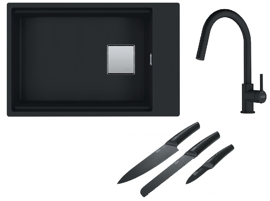 Franke Kanon KNG 110-62 zlewozmywak 62x42 cm Fragranite czarny mat z baterią kuchenną Lina Pull-Out czarny mat i zestawem noży ... - Wysyłka w 24h