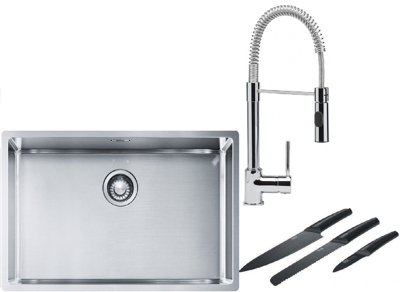 Franke Box BXX 210/110-68 zlewozmywak 72,5x45 cm stalowy z baterią kuchenną Coxy chrom i zestawem noży kuchennych (1270453658, ...