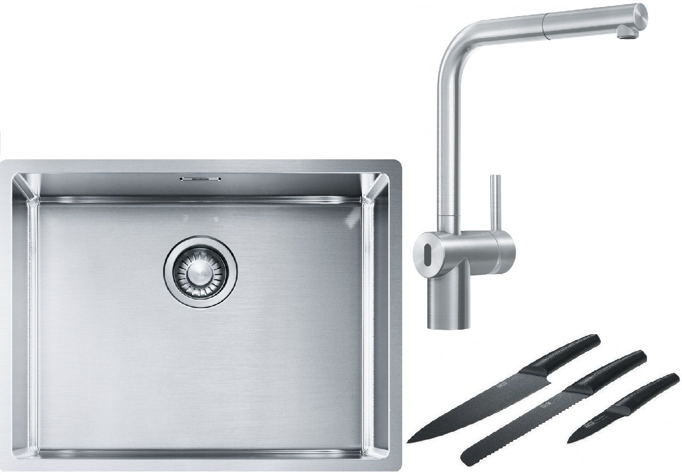 Franke Box BXX 110-54/ BXX 210-54 zlewozmywak 58x45 cm stalowy z baterią kuchenną Atlas Neo Sensor stal szlachetna i zestawem noży ... - Wysyłka w 24h