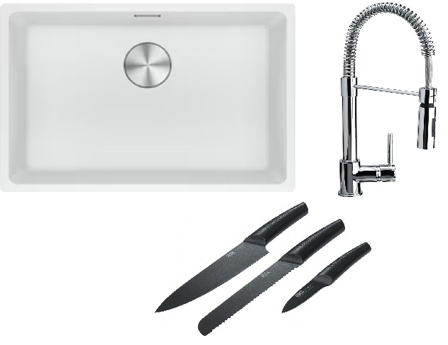 Franke Maris MRG 110-62 zlewozmywak 62x40 cm Fragranite biały polarny z baterią kuchenną Coxy chrom i zestawem noży kuchennych ...