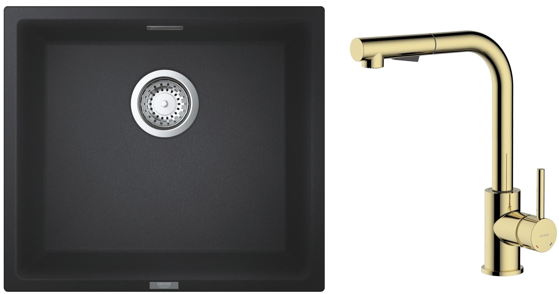 Zestaw Grohe K700 zlewozmywak granitowy 45,7x40,6 cm z baterią kuchenną Oltens Myvat czarny granit/złoty połysk (35205800, 31653AP0) - Wysyłka w 24h