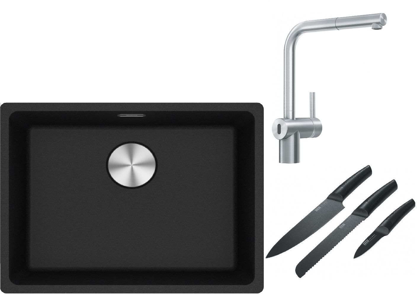 Franke Maris MRG 110-52 zlewozmywak 52x40 cm Fragranite onyx z baterią kuchenną Atlas Neo Sensor stal szlachetna i zestawem noży ...