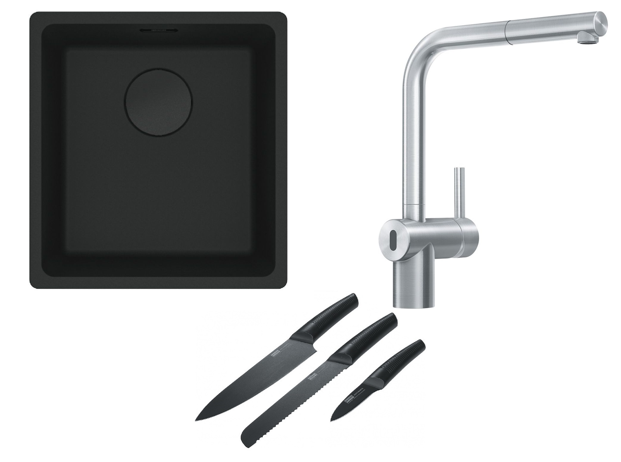 Franke Maris MRG 110-37 zlewozmywak 40x37 cm Fragranit + czarny mat z baterią kuchenną Atlas Neo Sensor stal szlachetna i zestawem noży ...