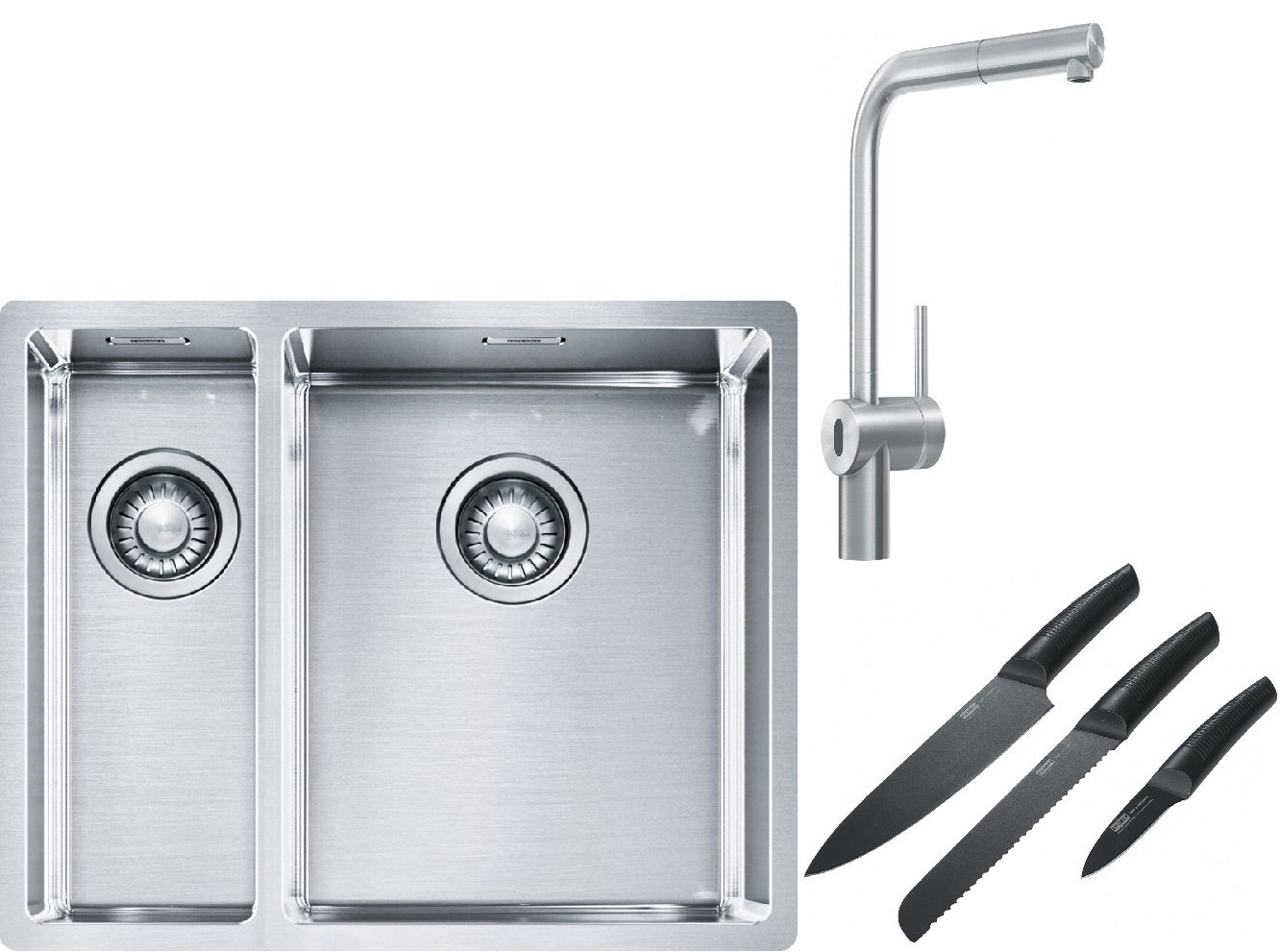 Franke Box BXX 260/160-34-16 zlewozmywak 56x45 cm stalowy z baterią kuchenną Atlas Neo Sensor stal szlachetna i zestawem noży kuchennych ... - Wysyłka