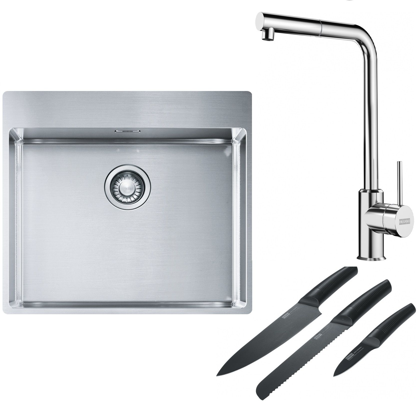 Franke Box BXX 210-54 TL zlewozmywak 57x51 cm stalowy z baterią kuchenną Sirius Side chrom i zestawem noży kuchennych (1270369295, ... - Wysyłka w 24h