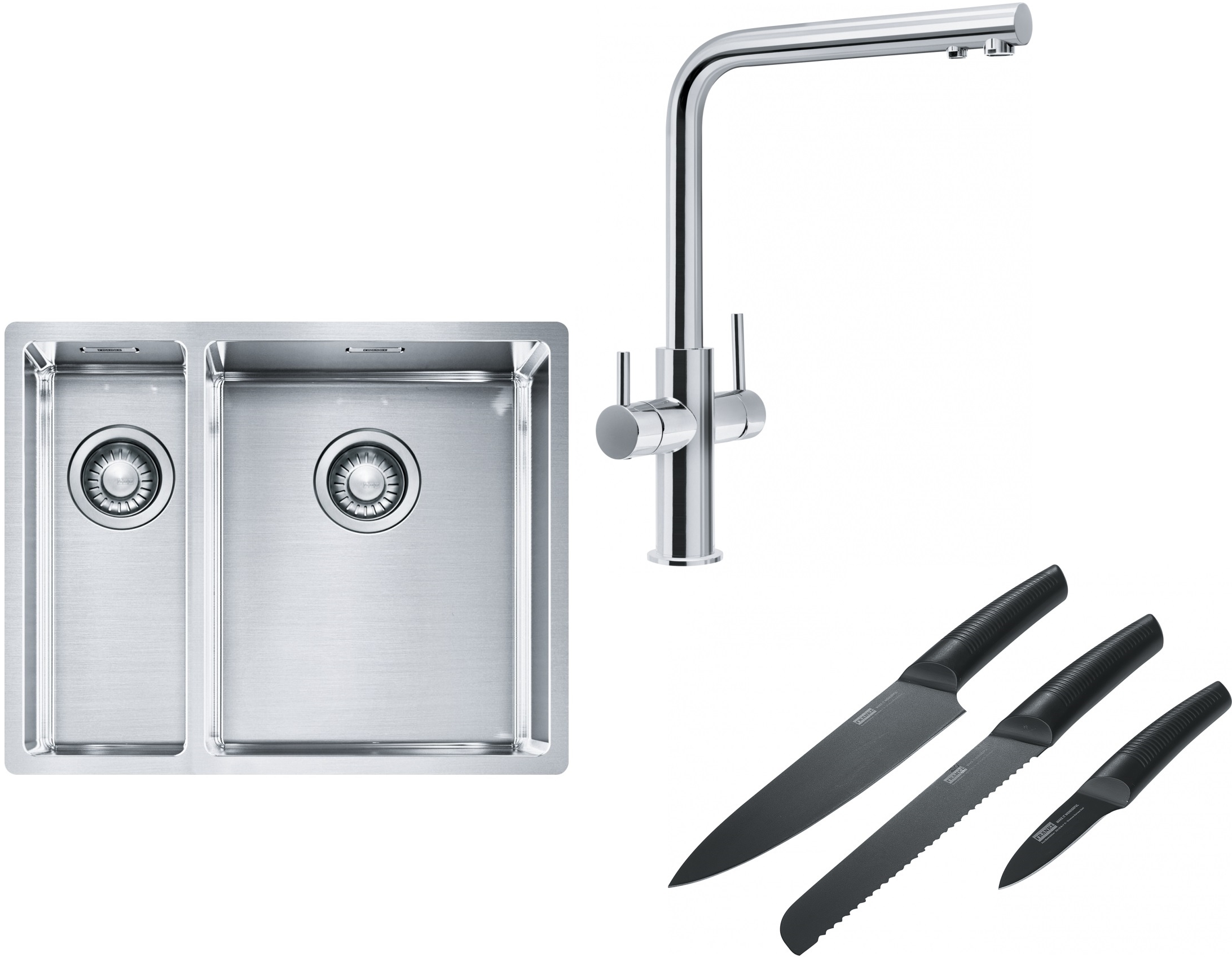 Franke Box BXX 260/160-34-16 zlewozmywak 56x45 cm stalowy z baterią kuchenną Neptune Clear Water chrom i zestawem noży kuchennych ...
