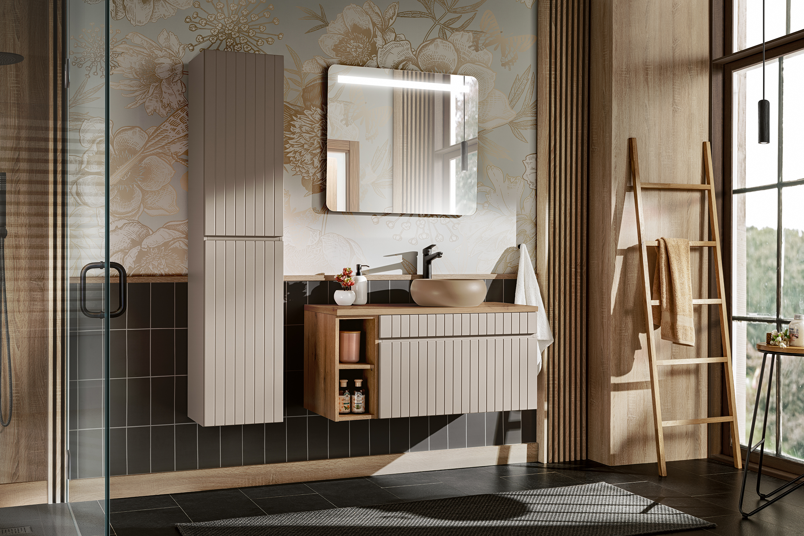 Comad Iconic Cashmere zestaw mebli łazienkowych 135 cm kaszmir/dąb z umywalką i lustrem SET - ICC B 100 CM WIKI-MC 4 81-01 COAST EVOKE ...