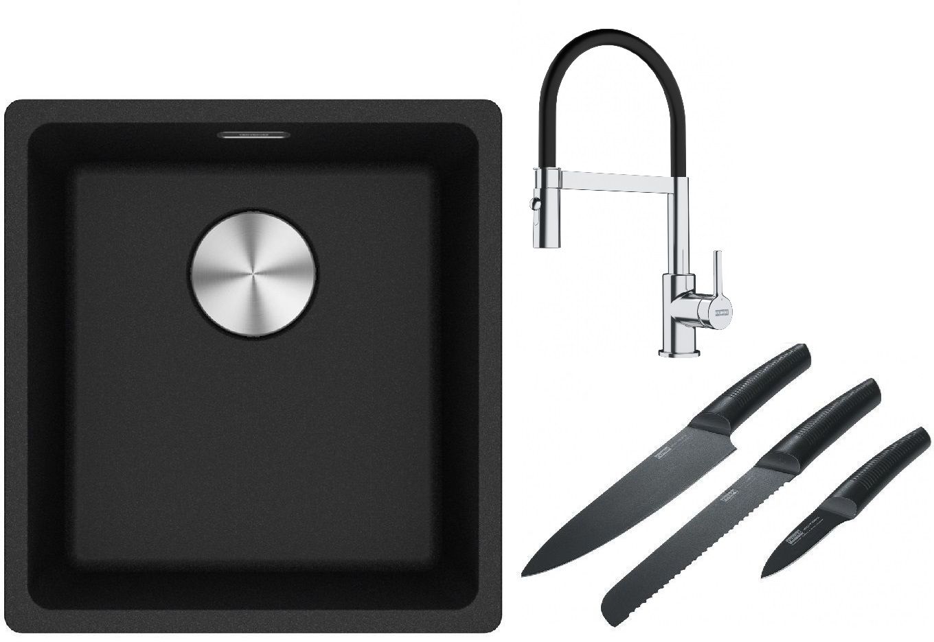 Franke Maris MRG 110-37 zlewozmywak 40x37 cm Fragranite onyx z baterią kuchenną Lina chrom/czarny i zestawem noży kuchennych ...