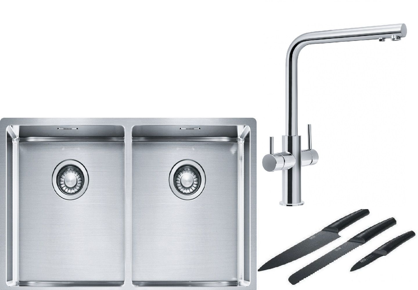 Franke Box BXX 220/120 34-34 zlewozmywak 74x45 cm stalowy z baterią kuchenną Neptune Clear Water chrom i zestawem noży kuchennych ...
