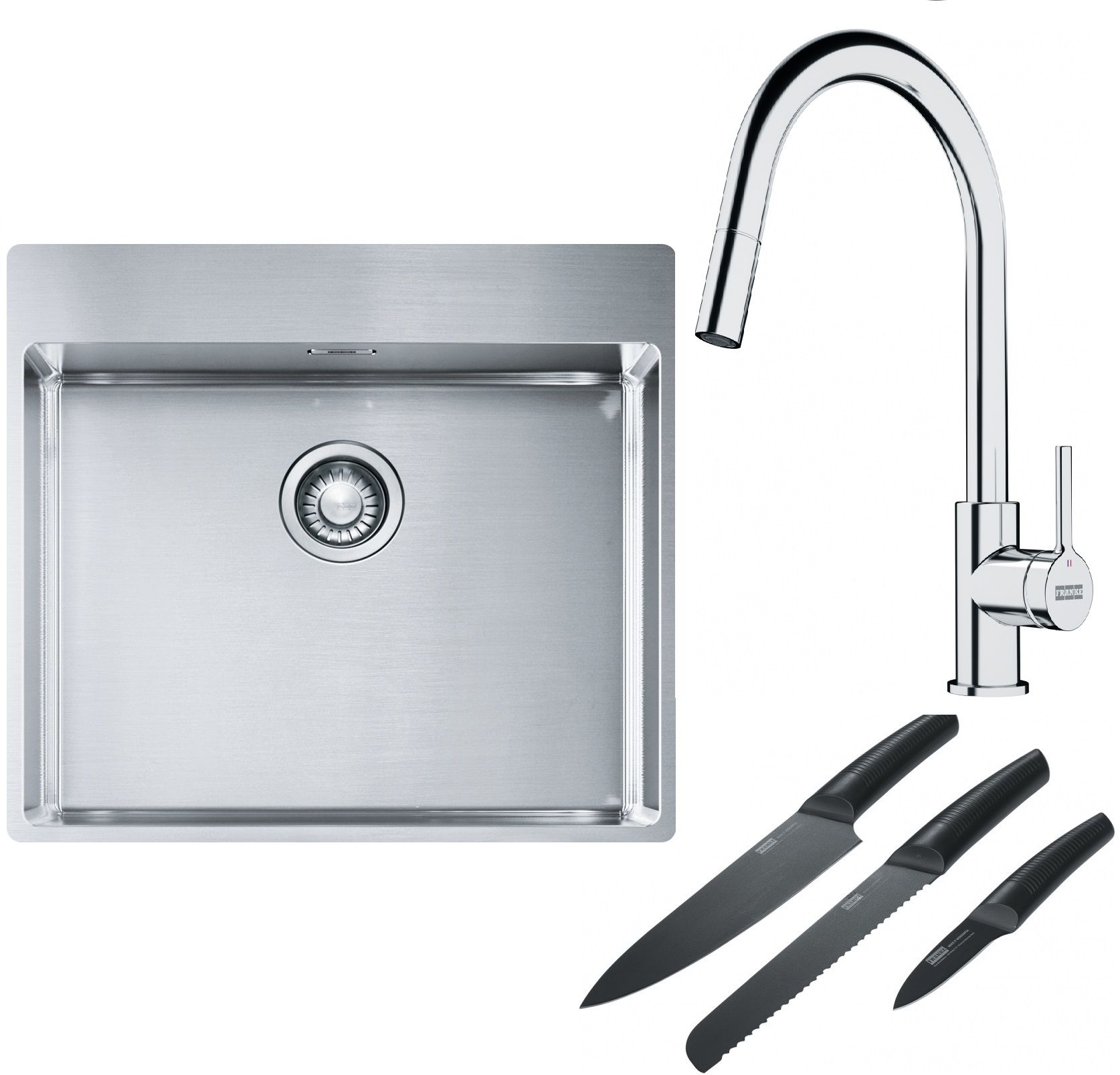 Franke Box BXX 210-54 TL zlewozmywak 57x51 cm stalowy z baterią kuchenną Lina chrom i zestawem noży kuchennych (1270369295, 1150693229, ...