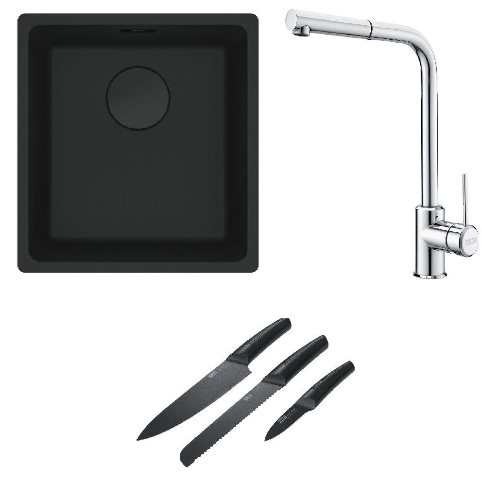 Franke Maris MRG 110-37 zlewozmywak 40x37 cm Fragranit + czarny mat z baterią kuchenną Sirius Side chrom i zestawem noży kuchennych ...