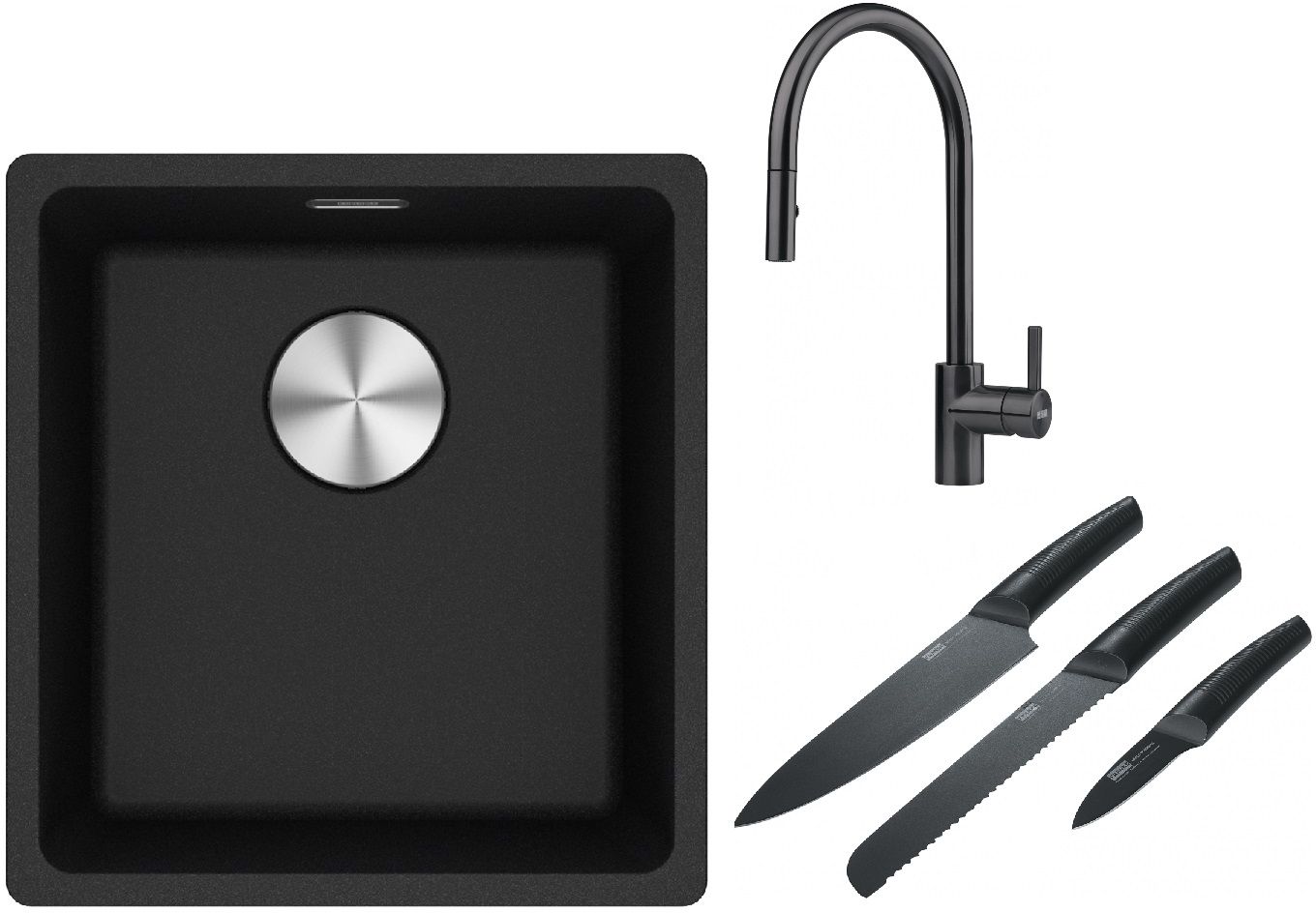 Franke Maris MRG 110-37 zlewozmywak 40x37 cm Fragranite onyx z baterią kuchenną Eos czarna stal szlachetna i zestawem noży kuchennych ...