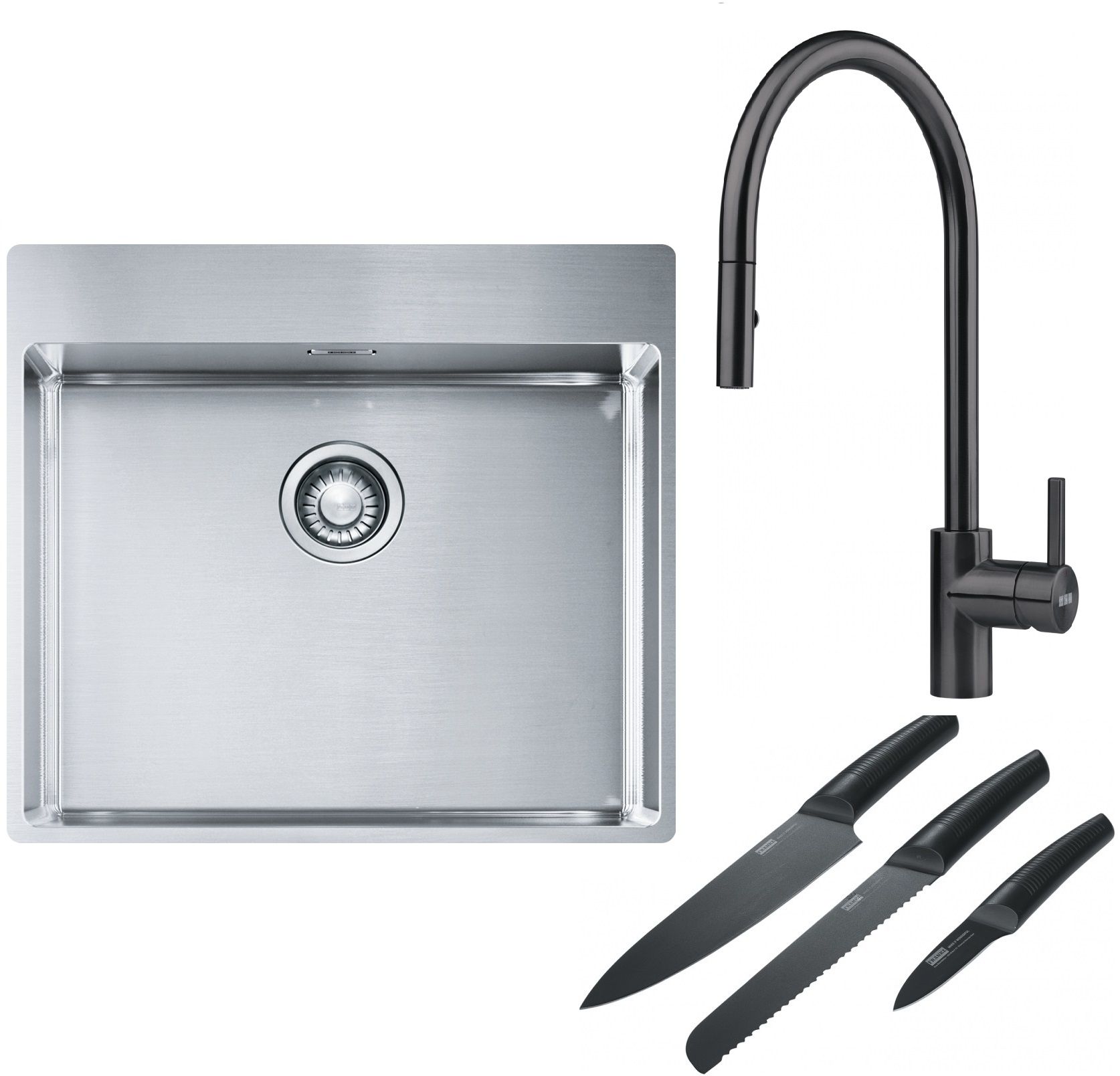 Franke Box BXX 210-54 TL zlewozmywak 57x51 cm stalowy z baterią kuchenną Eos czarna stal szlachetna i zestawem noży kuchennych ... - Wysyłka w 24h