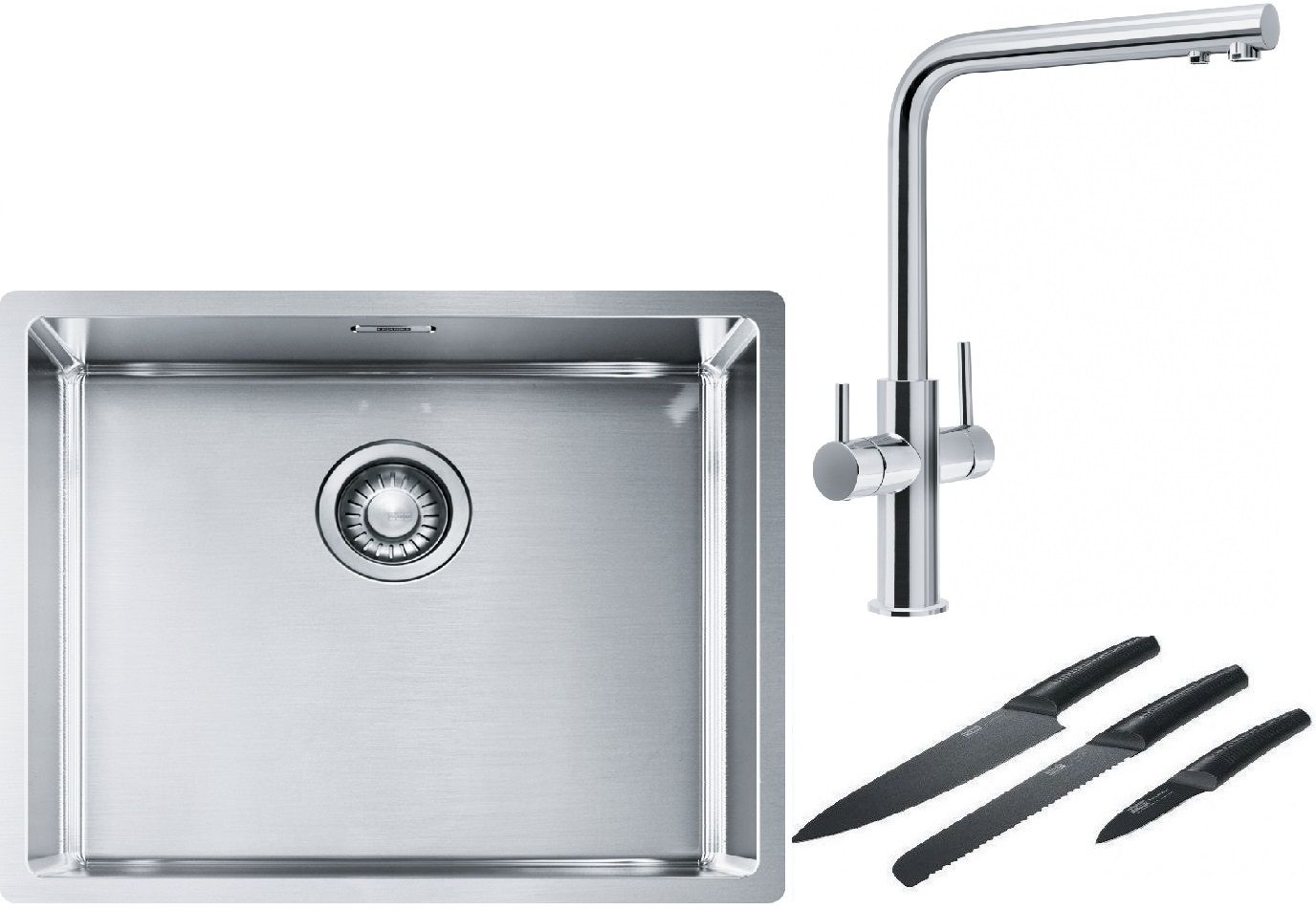 Franke Box BXX 110-50/BXX 210-50 zlewozmywak 54x45 cm stalowy z baterią kuchenną Neptune Clear Water chrom i zestawem noży kuchennych ...