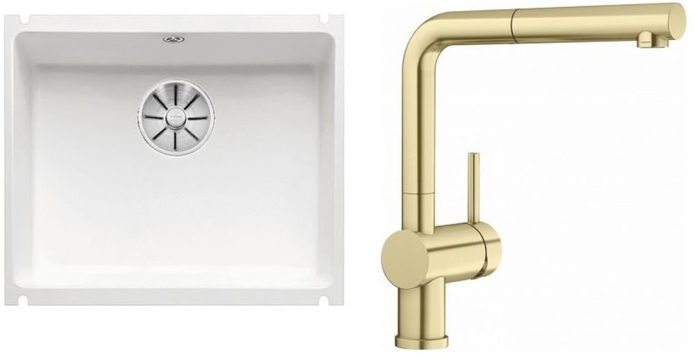 Zestaw Blanco Subline 500-U zlewozmywak ceramiczny biały z baterią kuchenną Linus-S złoty (523733, 526684)