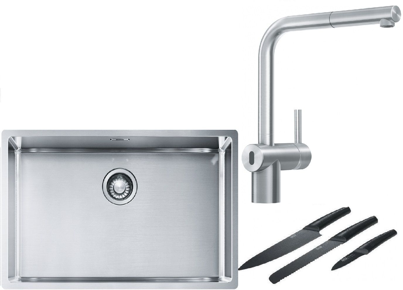 Franke Box BXX 210/110-68 zlewozmywak 72,5x45 cm stalowy z baterią kuchenną Atlas Neo Sensor stal szlachetna i zestawem noży kuchennych ... - Wysyłka 