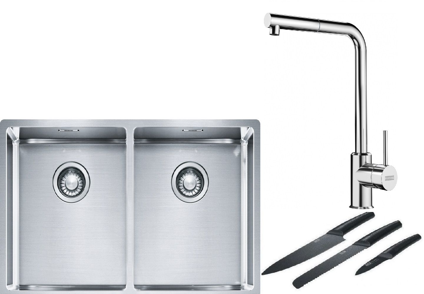 Franke Box BXX 220/120 34-34 zlewozmywak 74x45 cm stalowy z baterią kuchenną Sirius Side chrom i zestawem noży kuchennych (1270370188, ... - Wysyłka w