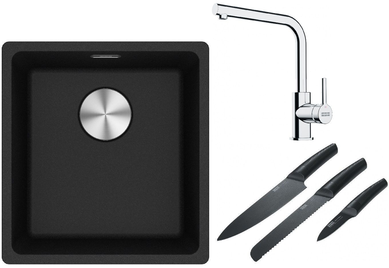 Franke Maris MRG 110-37 zlewozmywak 40x37 cm Fragranite onyx z baterią kuchenną Lina chrom i zestawem noży kuchennych (1250687249, ...