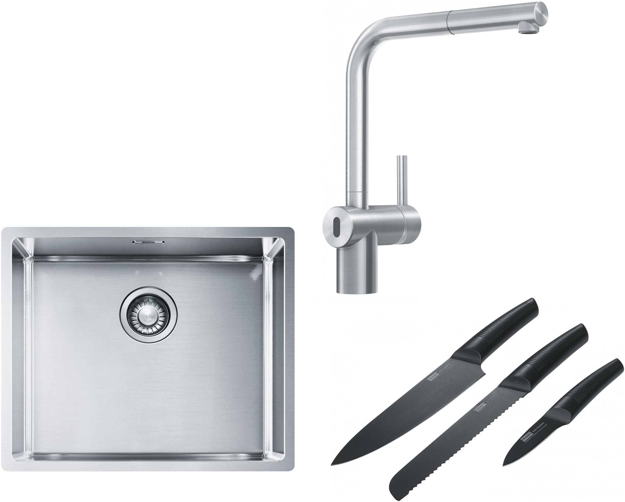 Franke Box BXX 110-50/BXX 210-50 zlewozmywak 54x45 cm stalowy z baterią kuchenną Atlas Neo Sensor stal szlachetna i zestawem noży ...