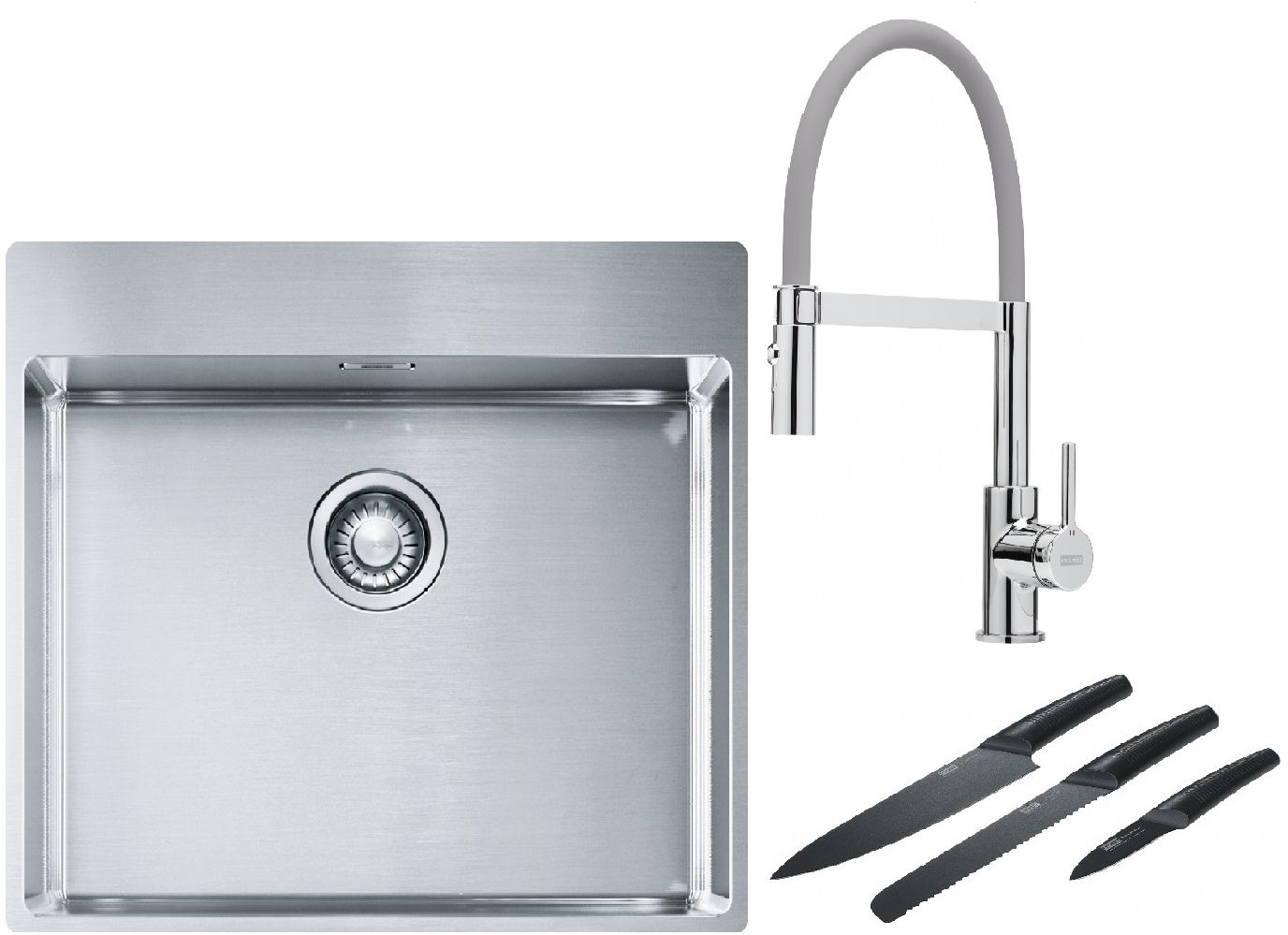 Franke Box BXX 210-54 TL zlewozmywak 57x51 cm stalowy z baterią kuchenną Lina chrom/szary i zestawem noży kuchennych (1270369295, ...
