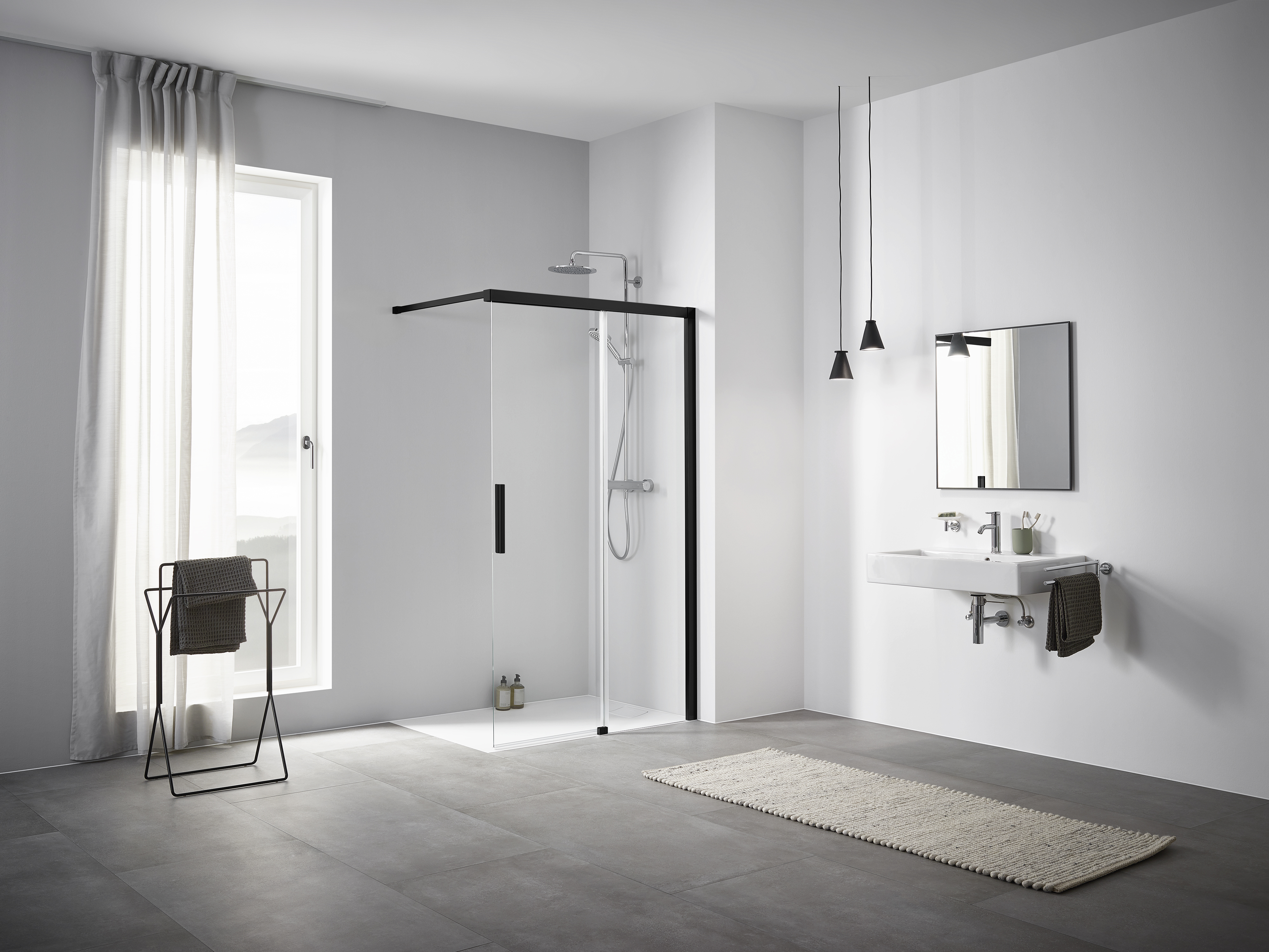 Kermi Nica Walk-In ścianka prysznicowa 120 cm prawa wolnostojąca czarny soft/szkło przezroczyste NIJ2R120203PK