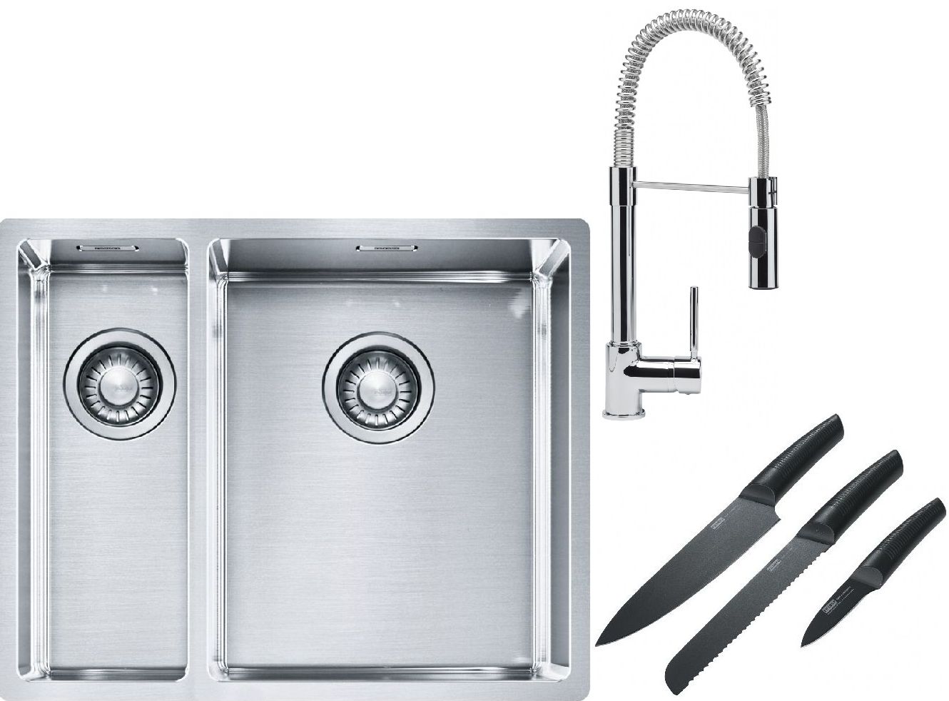 Franke Box BXX 260/160-34-16 zlewozmywak 56x45 cm stalowy z baterią kuchenną Coxy chrom i zestawem noży kuchennych (1270369916, ...