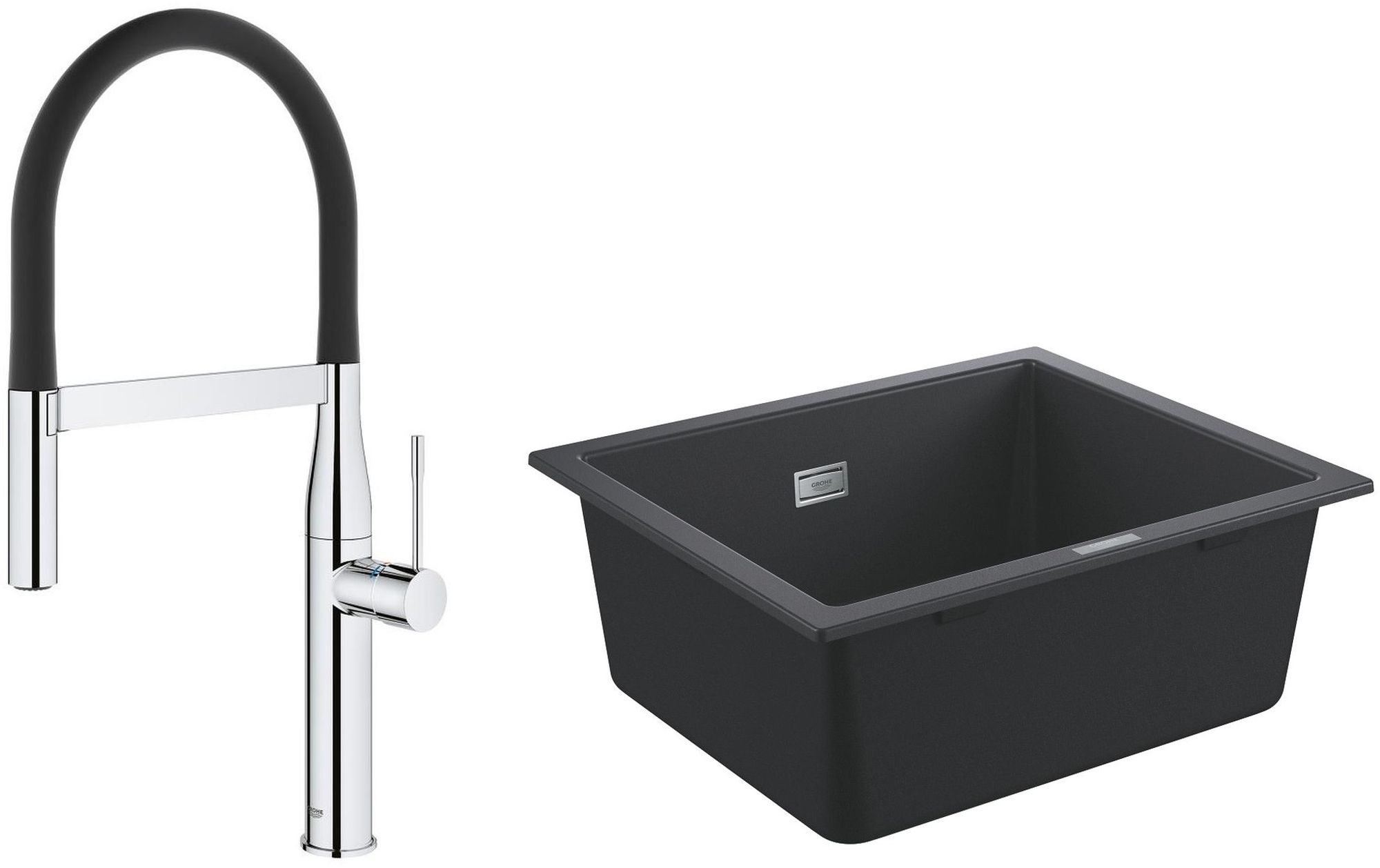 Zestaw Grohe K700 zlewozmywak 53,3x45,7 cm czarny granit z baterią kuchenną Essence chrom/czarny (31654AP0, 30294000)