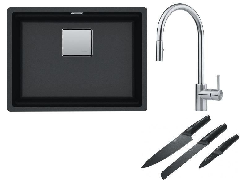 Franke Kanon KNG 110-52 zlewozmywak 52x42 cm Fragranite onyx z baterią kuchenną Eos Neo stal szlachetna i zestawem noży kuchennych ... - Wysyłka w 24h