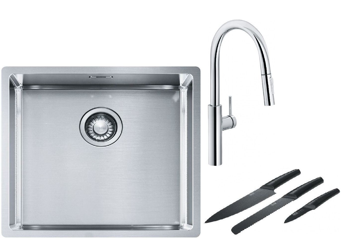 Franke Box BXX 210/110-45 zlewozmywak 49x45 cm stalowy z baterią kuchenną Pescara L Slide-In chrom i zestawem noży kuchennych ...